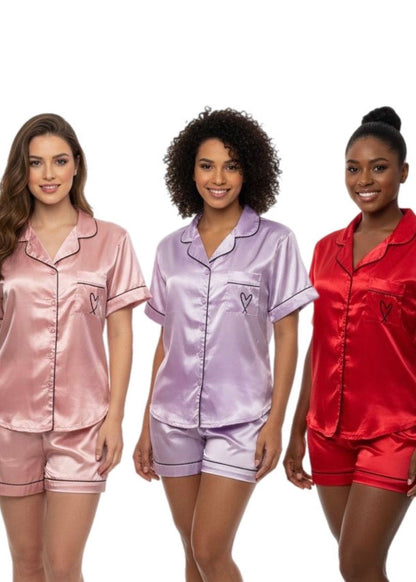 Online Only! Satin Button Down Shorty Pj Set With Heart Detail